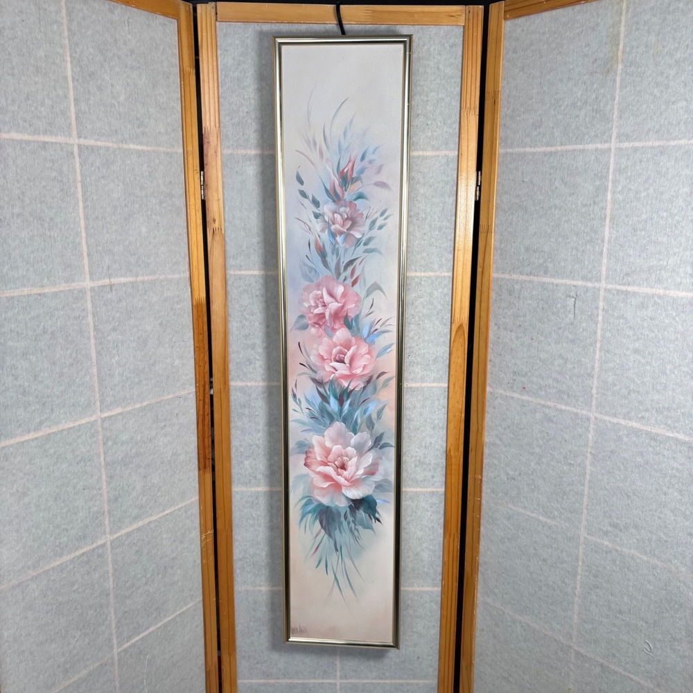 VTG Floral Painting Pink Rose Tall Slim Wall Art Gold Frame Linda Hager Original